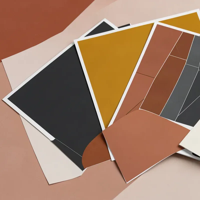 Square close-up of the swatch cards, showing the ochre, charcoal and terracotta panels.