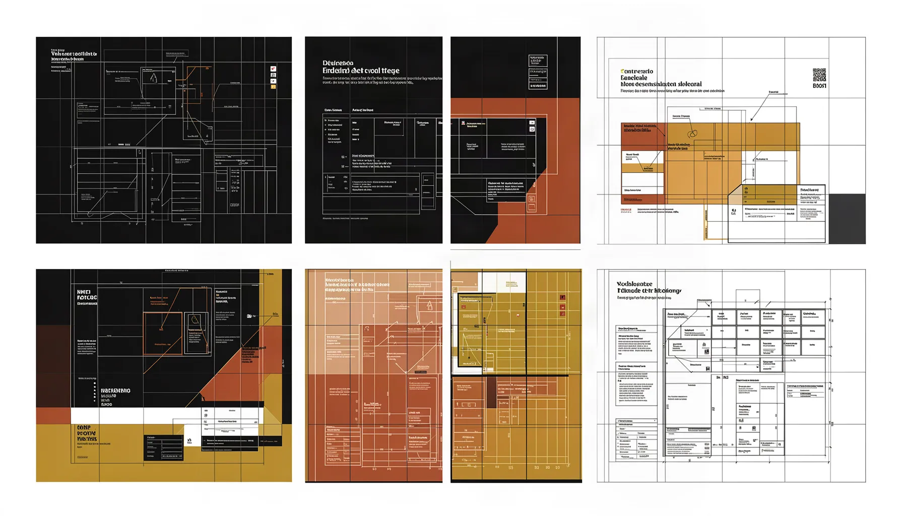 A grid of six dark, ochre and white page layouts covered in dense fine print, none of it legible.