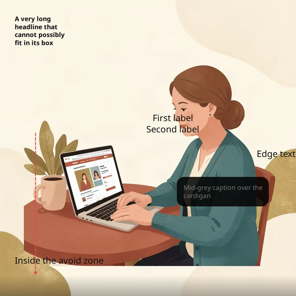 A flat illustration of a person at a laptop with messy annotations: a four-line headline in small letters at the top left, two labels touching each other, a label crossed by a red dashed arrow, a label cut off at the right edge, and grey caption text on a dark panel that is hard to read.