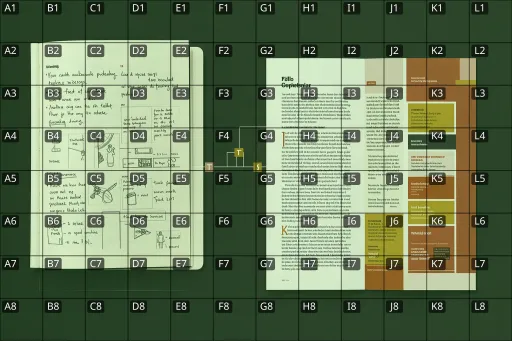 A notebook full of handwritten notes beside a printed page spread, lightly tinted, with a 12 by 8 grid drawn over it. Cell names from A1 to L8 label the cells.
