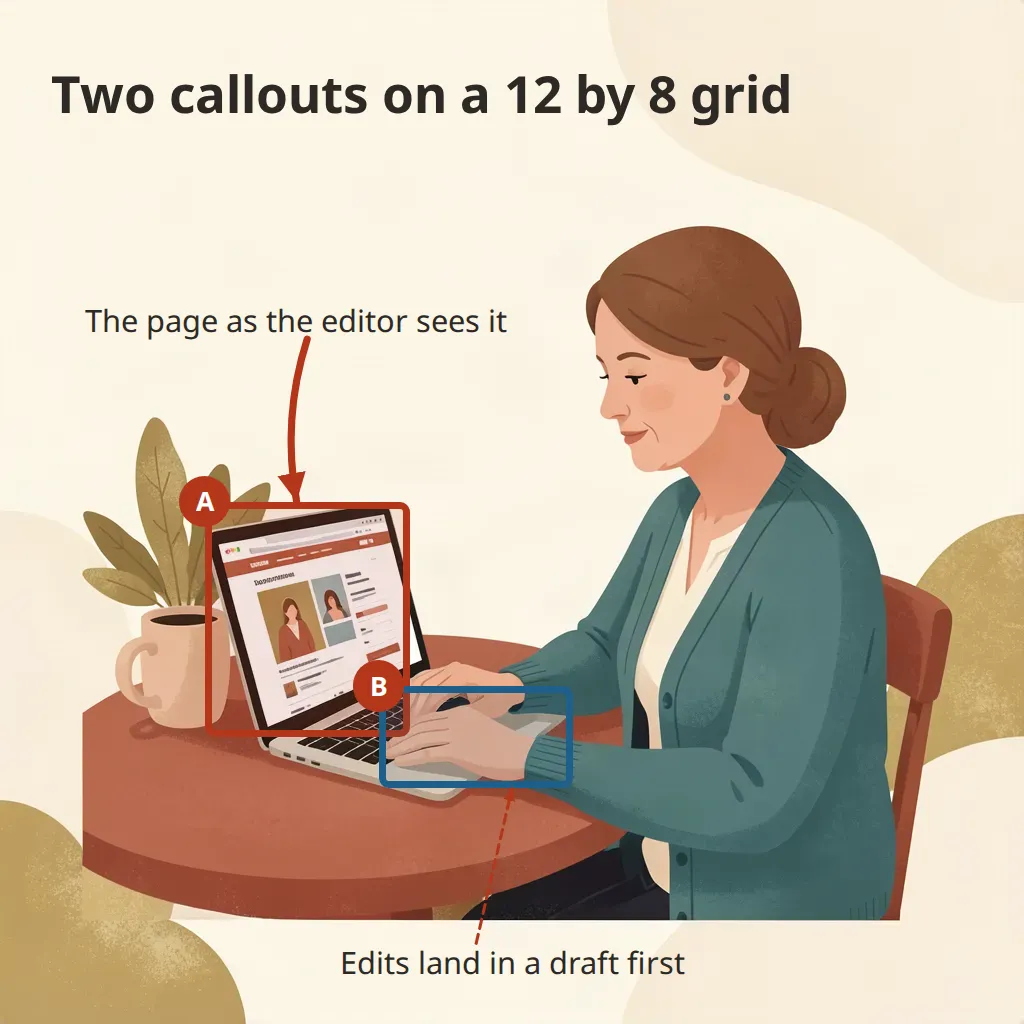 A person with a bun and a teal cardigan typing on a laptop at a round terracotta table. The title reads Two callouts on a 12 by 8 grid. A red box labelled A outlines the laptop and a blue box labelled B outlines the hands. A bold arrow from the label The page as the editor sees it points to box A, and a dashed arrow from the label Edits land in a draft first points up to box B.