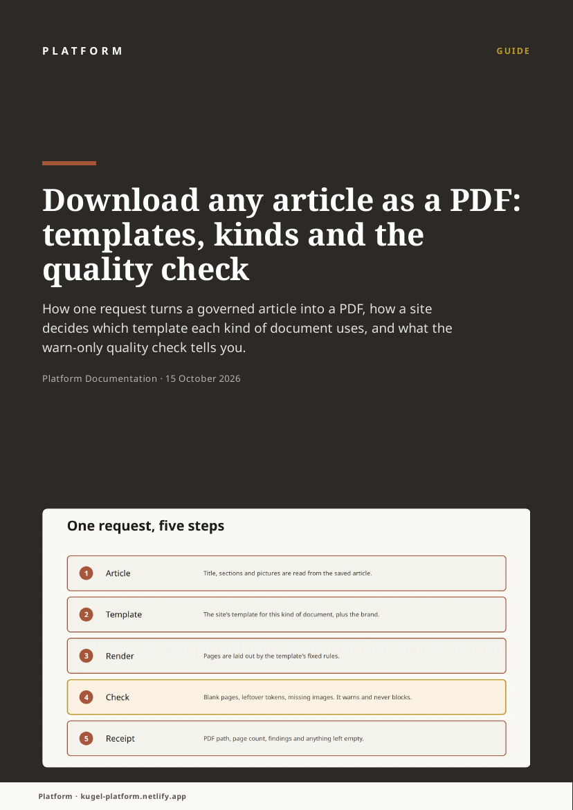 Page 1 of the second render. The dark cover shows the article title and deck, and the five-row picture titled One request, five steps fills the box at the bottom.