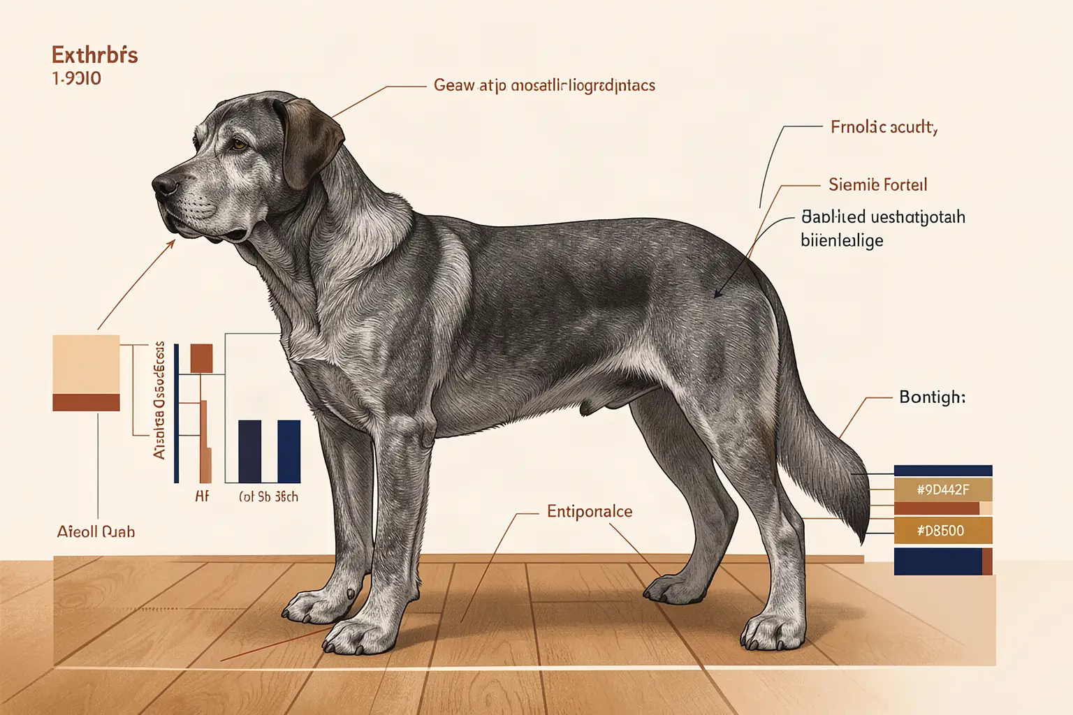 A grey-muzzled dog standing side-on on a wooden floor with all four legs visible, beside diagram boxes with invented labels.