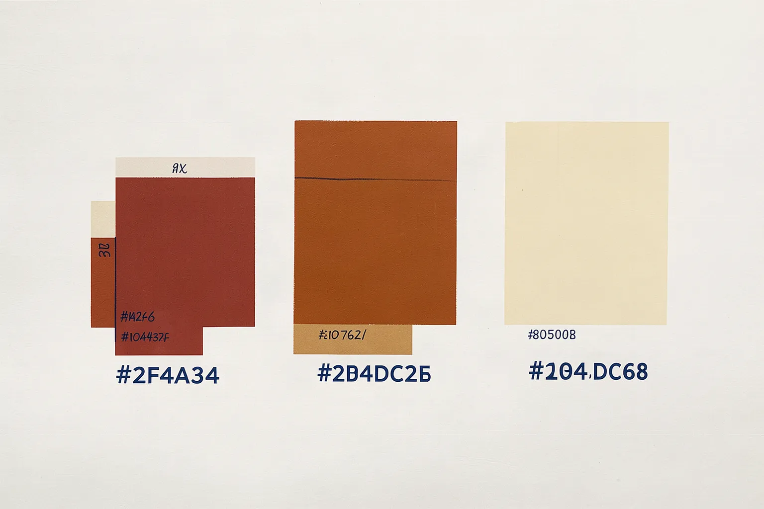 Paint swatches on cream paper with dark blue hex codes written beneath them and small handwritten marks.