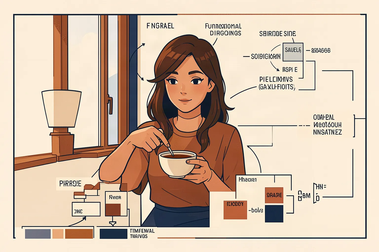 Comic panel of a slender woman with long brown hair holding a cup of tea by a window.
