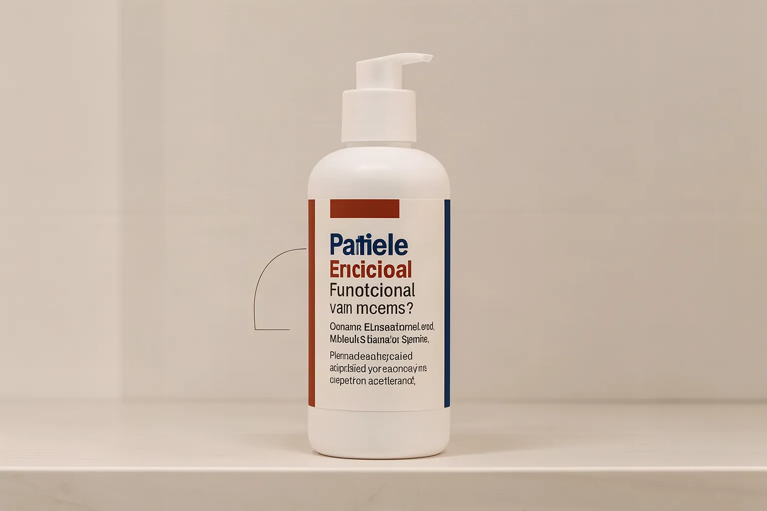 A white pump bottle on a shelf with a front label full of misspelled pseudo-words.