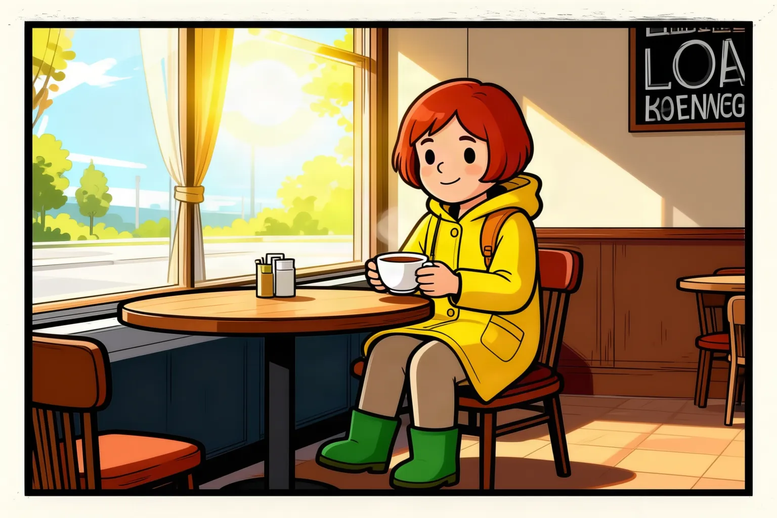 Comic panel of the red-bobbed character in her yellow raincoat and green boots, seated at a café table holding a cup of tea.