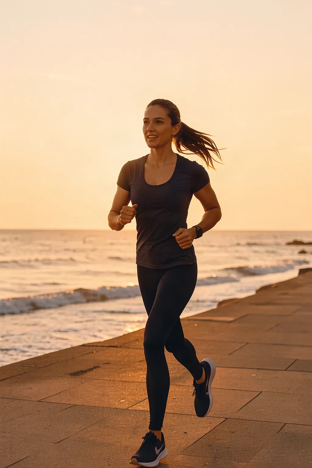 Portrait image of a runner on a promenade, with a different face and a logo on the shoe.
