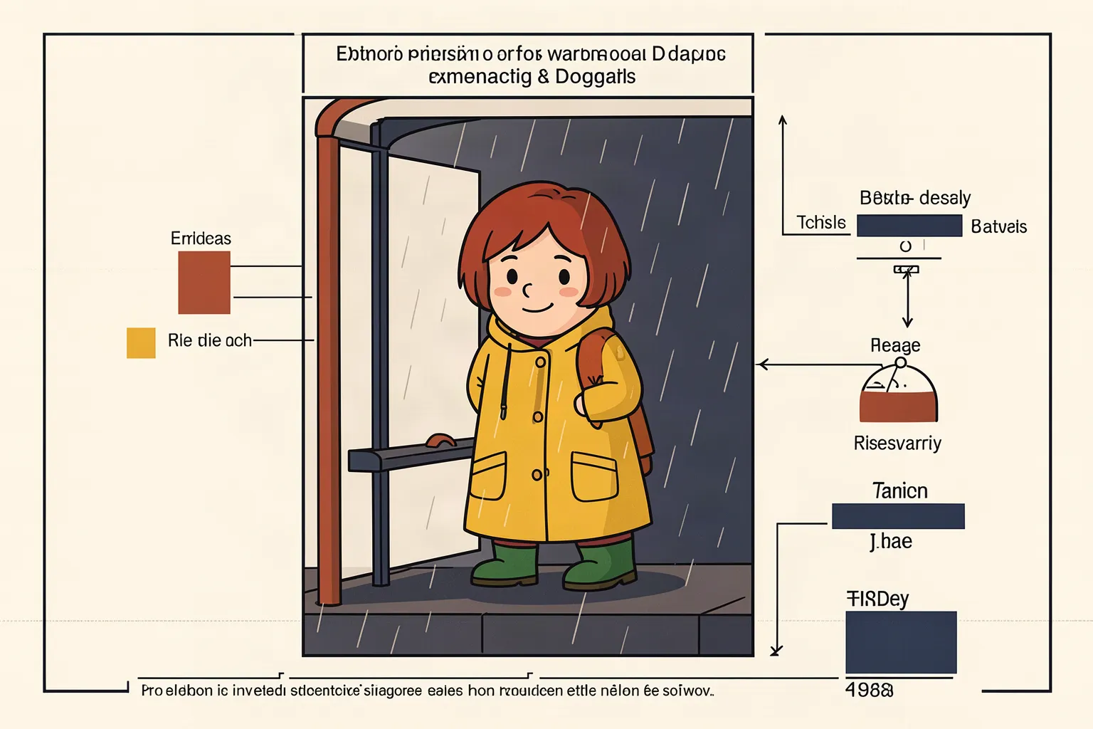 Comic panel of a small round character with a red bob, yellow raincoat and green boots at a rainy bus stop, framed by diagram labels.