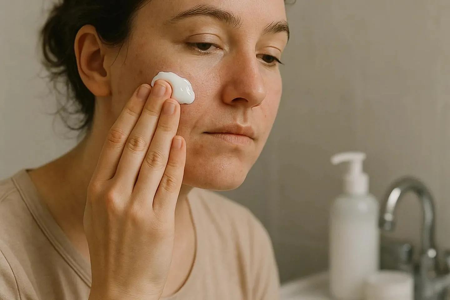 The same scene with an unchanged face and hand, and a rounder, glossier white dollop of cream on the cheek.