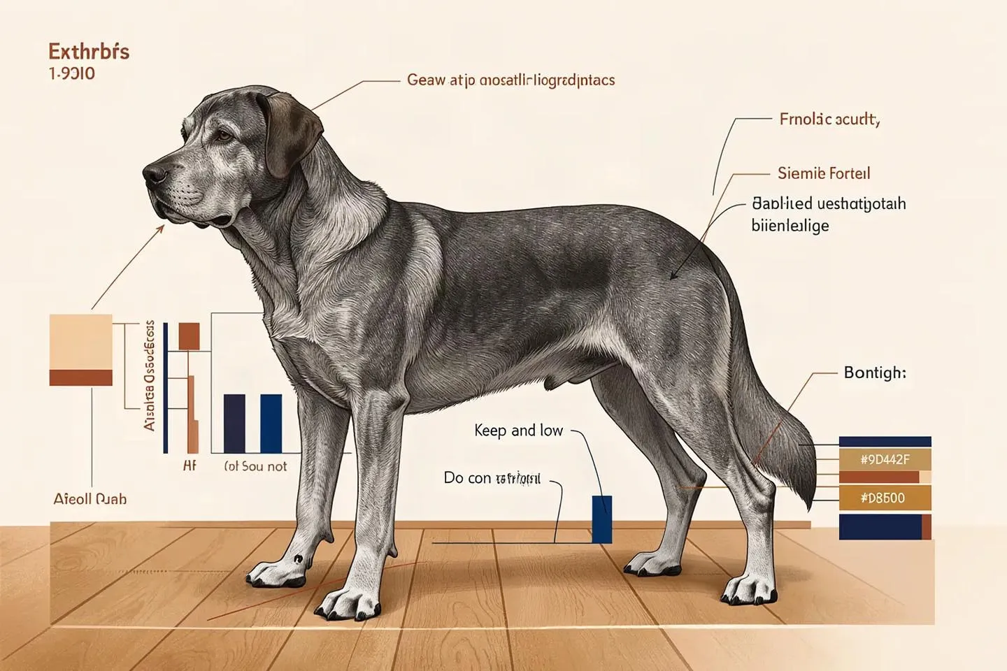 The same dog with its lower legs redrawn: a splayed front paw, a dark blot and new garbled text near the floor.