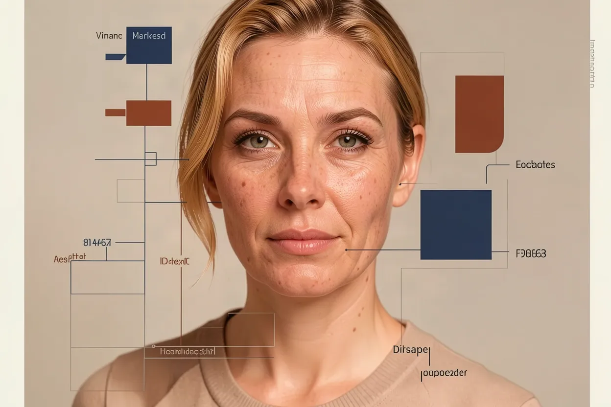 The same portrait with textured skin, but with heavy freckles, age spots and deep lines that make her look much older.