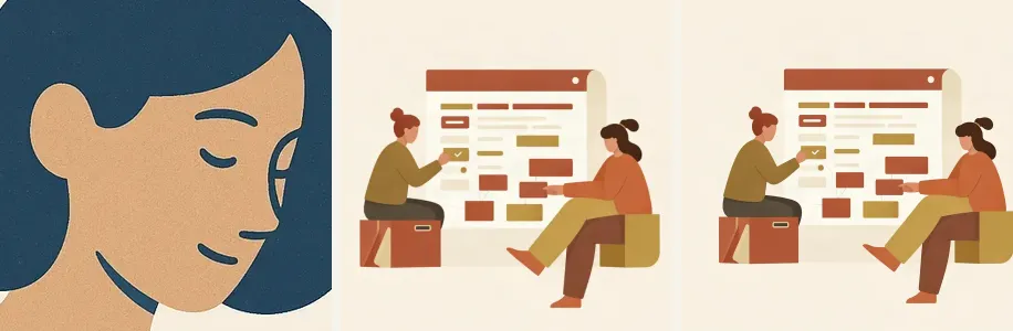Three square cells side by side. The first shows only a woman's face and hair, heavily cropped. The second shows a planning board with two people, with their sides trimmed. The third shows a square view of the same board scene, uncropped.