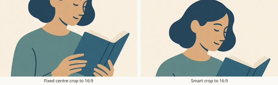 Two crops of an illustration of a woman reading a book, side by side with captions. The left one, captioned fixed centre crop to 16:9, cuts the top of her face off at the eyes. The right one, captioned smart crop to 16:9, keeps her whole head and the top of the book.