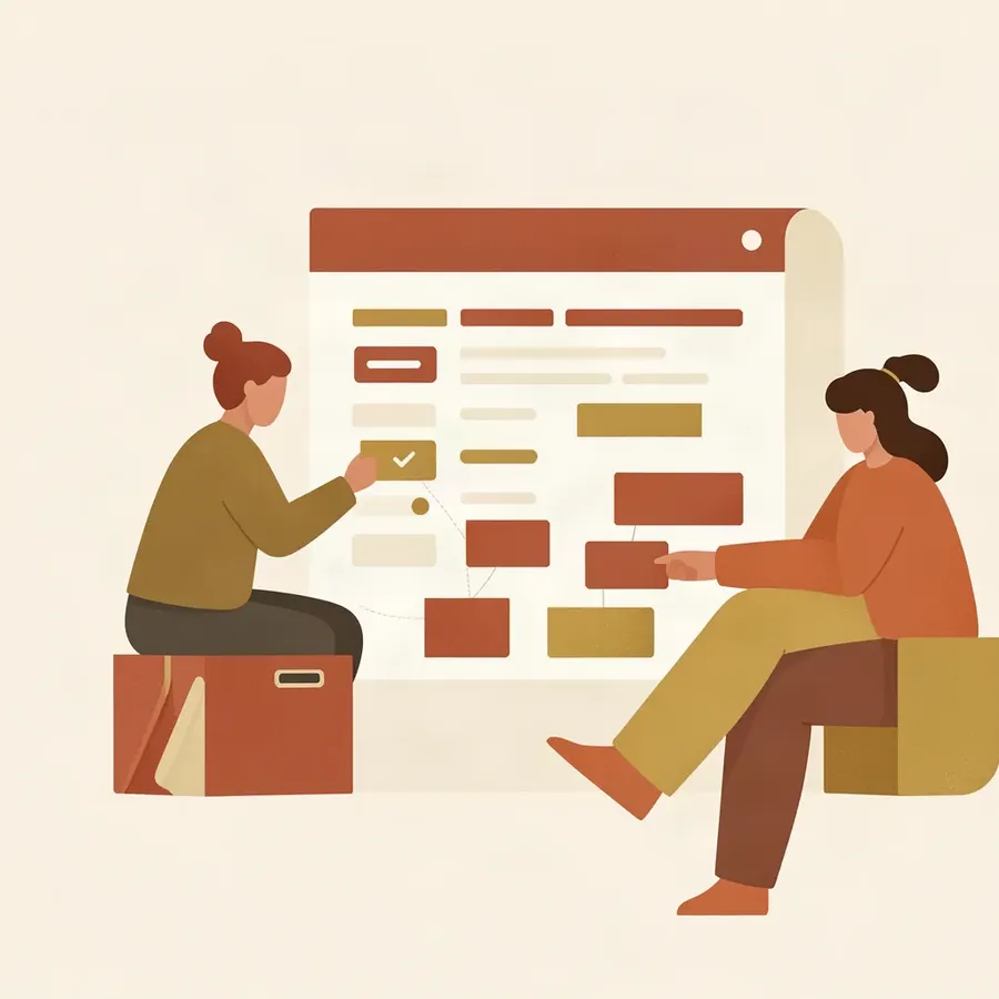 Square crop of an illustration. A seated person points at a planning board covered in cards on the left, and a second person seated on the right is cut off by the right-hand edge of the frame.