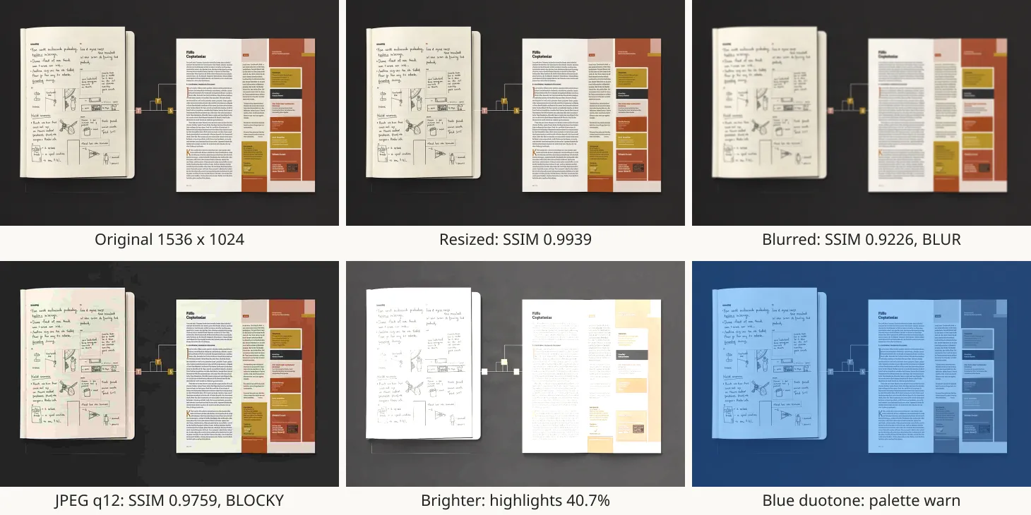 A contact sheet of six versions of the home image in two rows of three, each labelled with its result: Original 1536 x 1024; Resized, SSIM 0.9939; Blurred, SSIM 0.9226, BLUR; JPEG q12, SSIM 0.9759, BLOCKY; Brighter, highlights 40.7%; Blue duotone, palette warn.