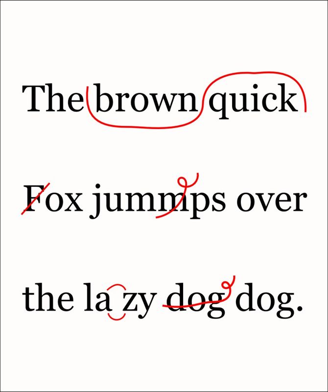 Three lines of type reading The brown quick, Fox jumps over, the lazy dog, marked up in red with proofreading symbols for swapped words, a wrong capital, a doubled letter, a stray space and a repeated word.