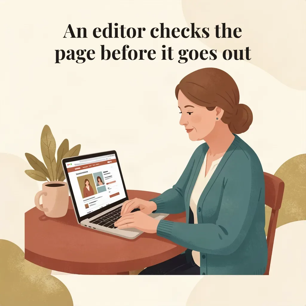 An illustration of a woman at a round table working on a laptop. A two-line serif caption across the top reads: An editor checks the page before it goes out.