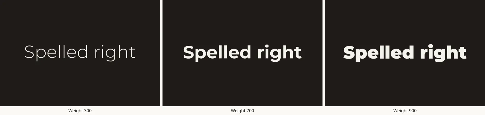 Three dark panels side by side, each with the words Spelled right in off-white. The left is thin, the middle bold, the right extra bold. Labels below read Weight 300, Weight 700 and Weight 900.