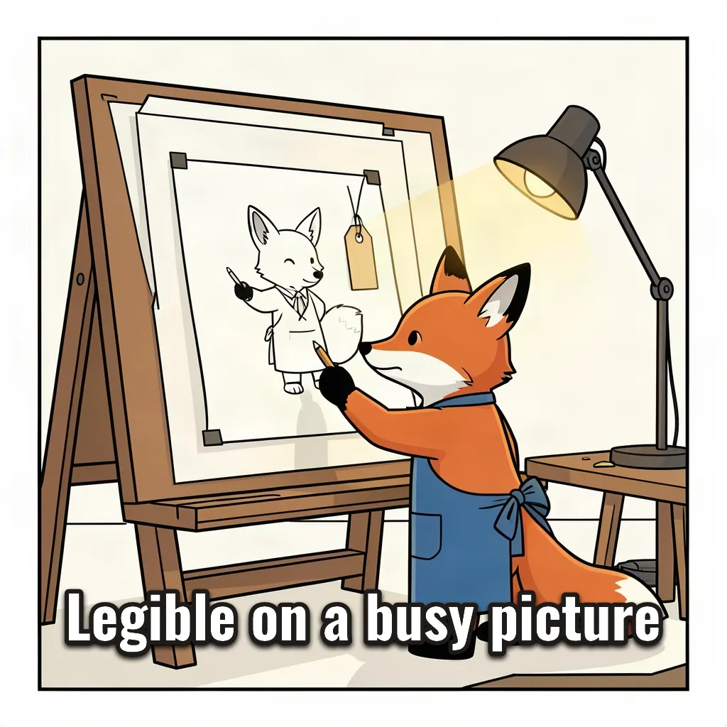 A cartoon fox in a blue apron draws at an easel under a lamp. Across the bottom, white text with a dark outline and shadow reads: Legible on a busy picture.