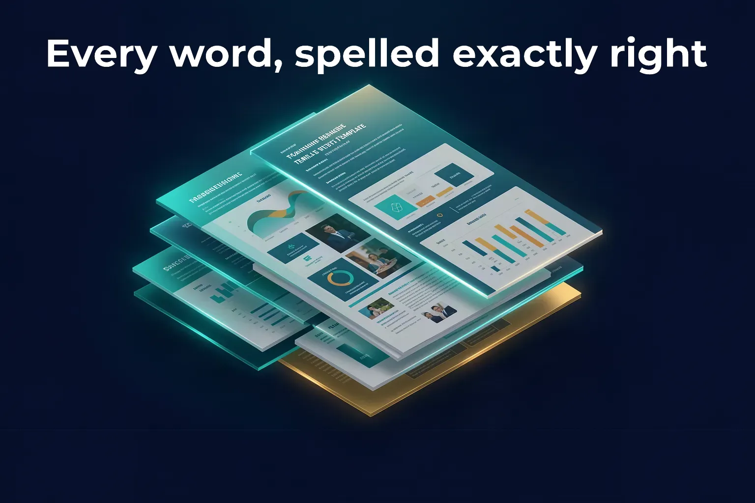 A dark teal image of layered document pages. A white headline across the top reads: Every word, spelled exactly right.