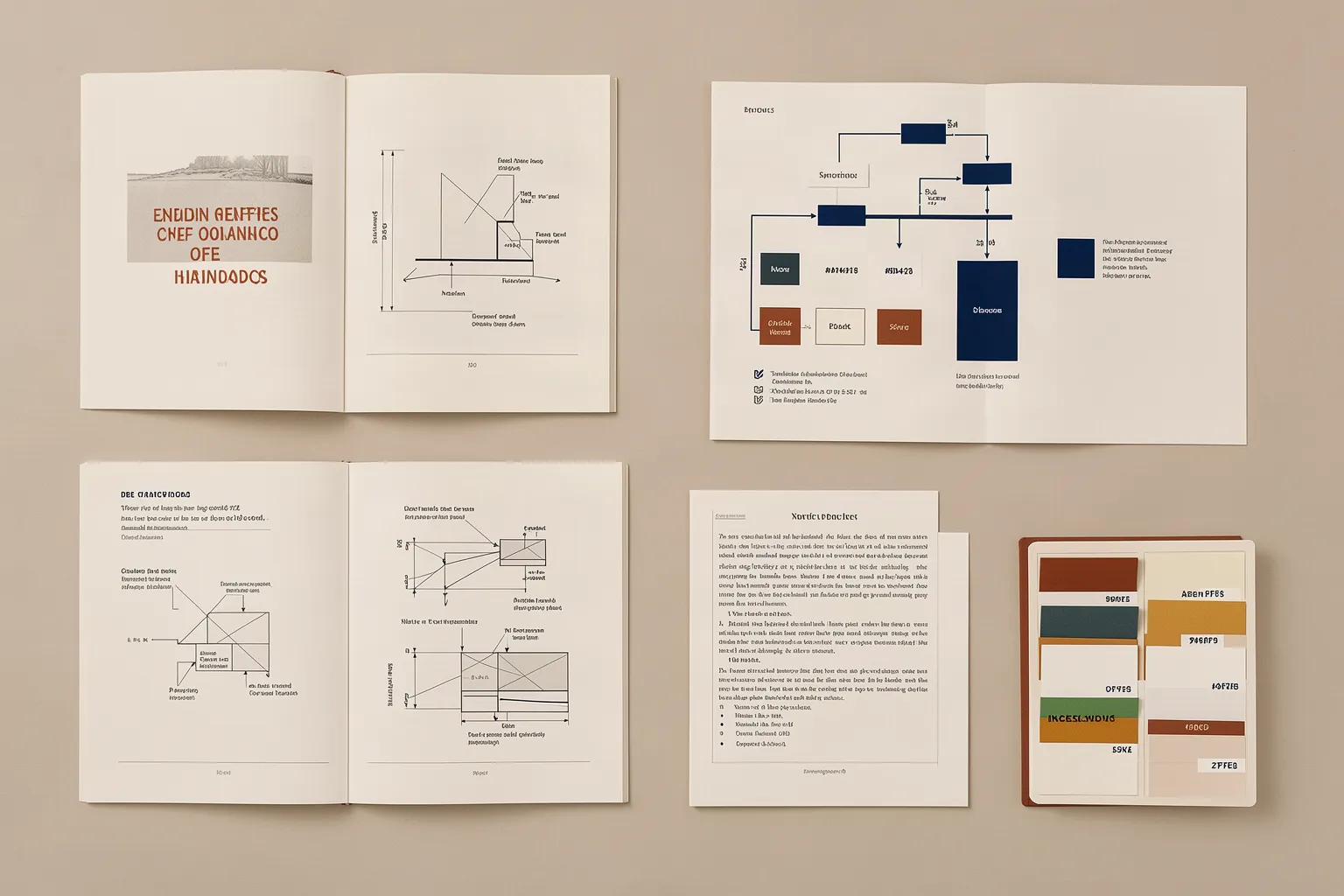 Illustrated collection of open editorial guides, technical diagram sheets and reference cards
