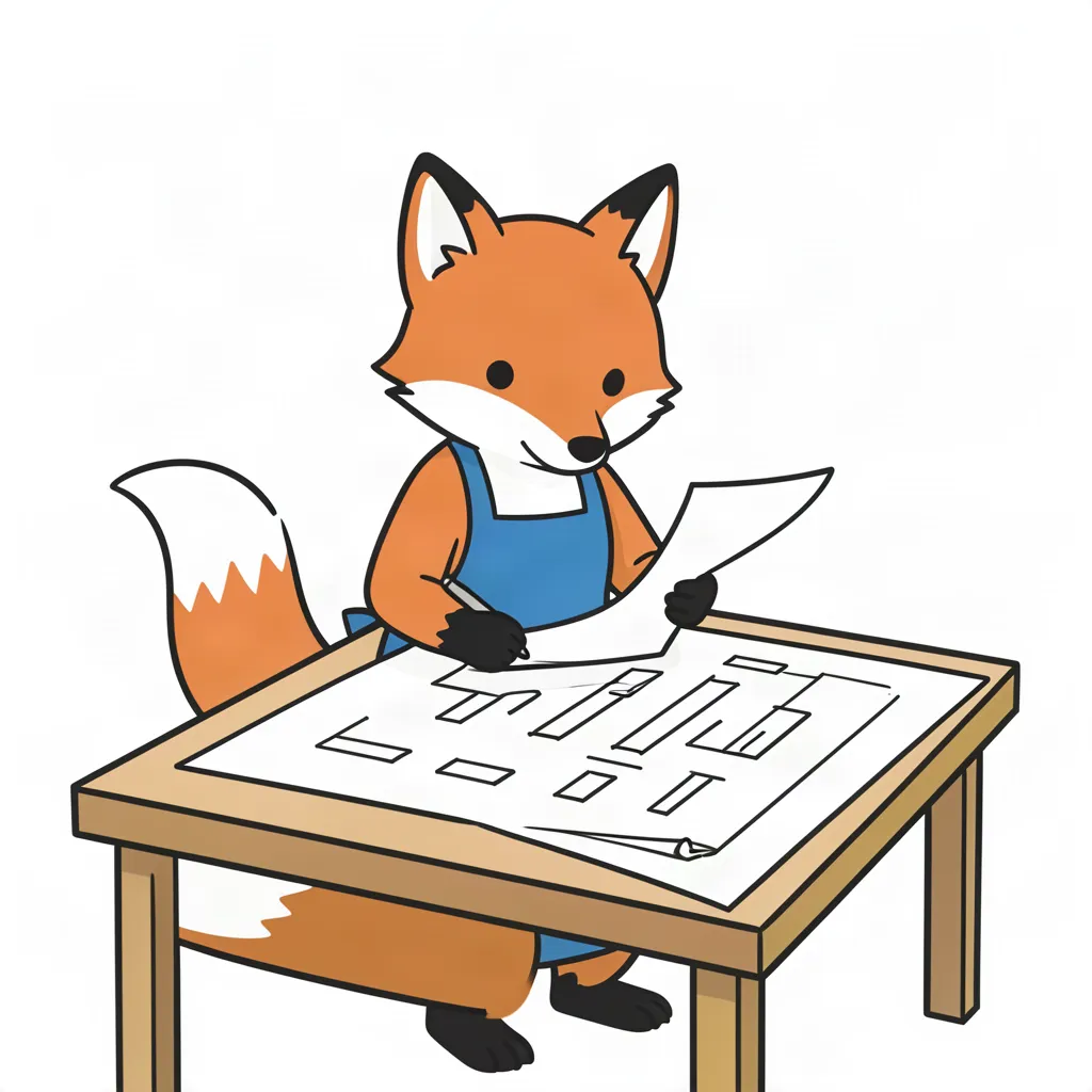 A small orange fox in a blue apron reads a brief at a drafting table.