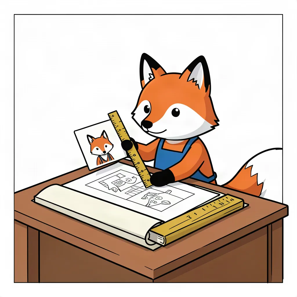The fox holds a ruler up to a drawing, with a fox-face card used for comparison.